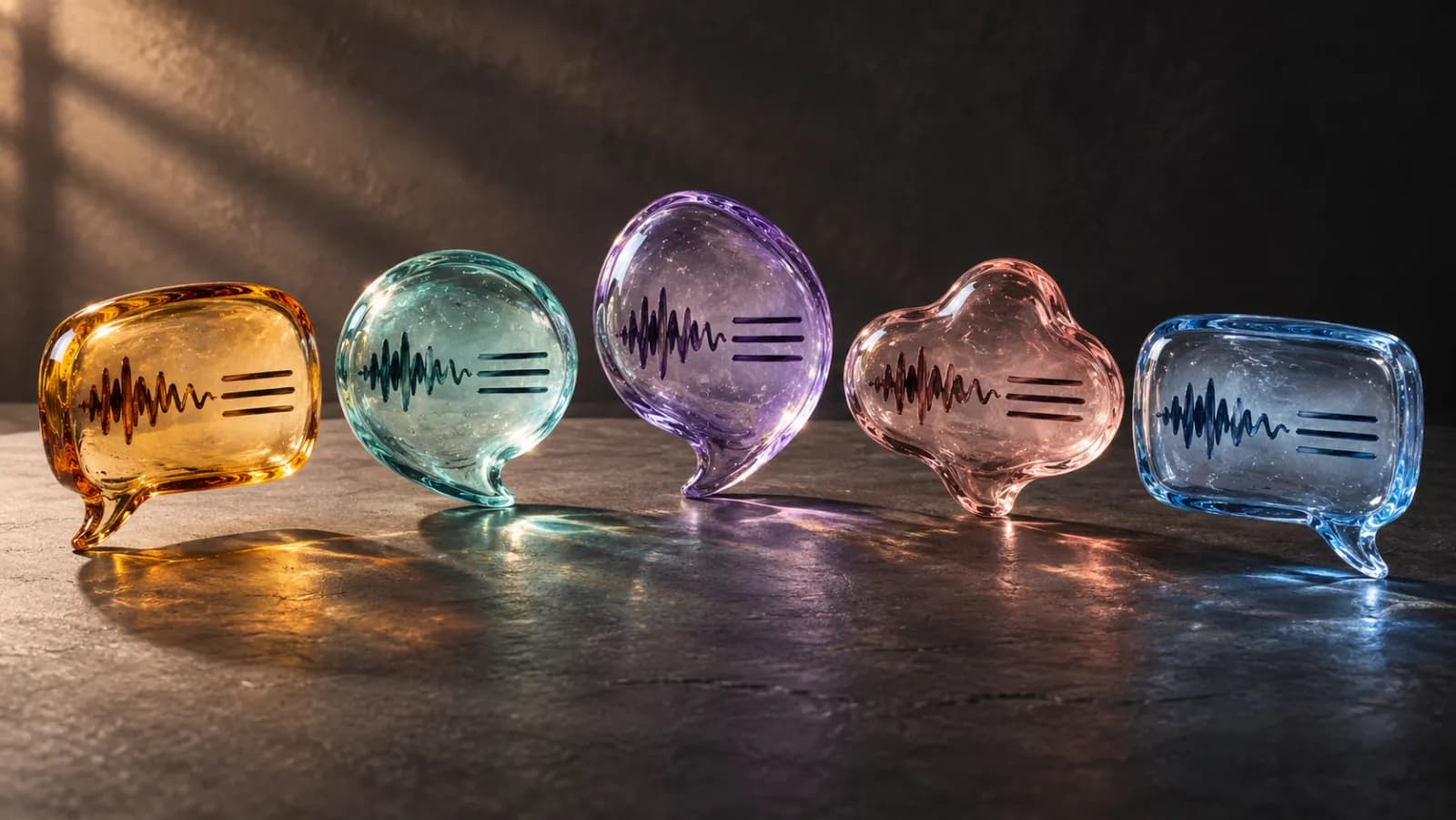 Five colored glass speech bubbles containing sound waves that become lines of writing.