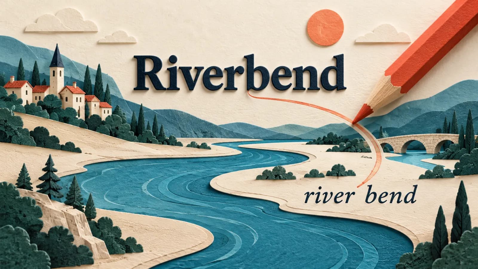 Paper-cut river and letterpress type contrasting the project name Riverbend with the ordinary phrase river bend.