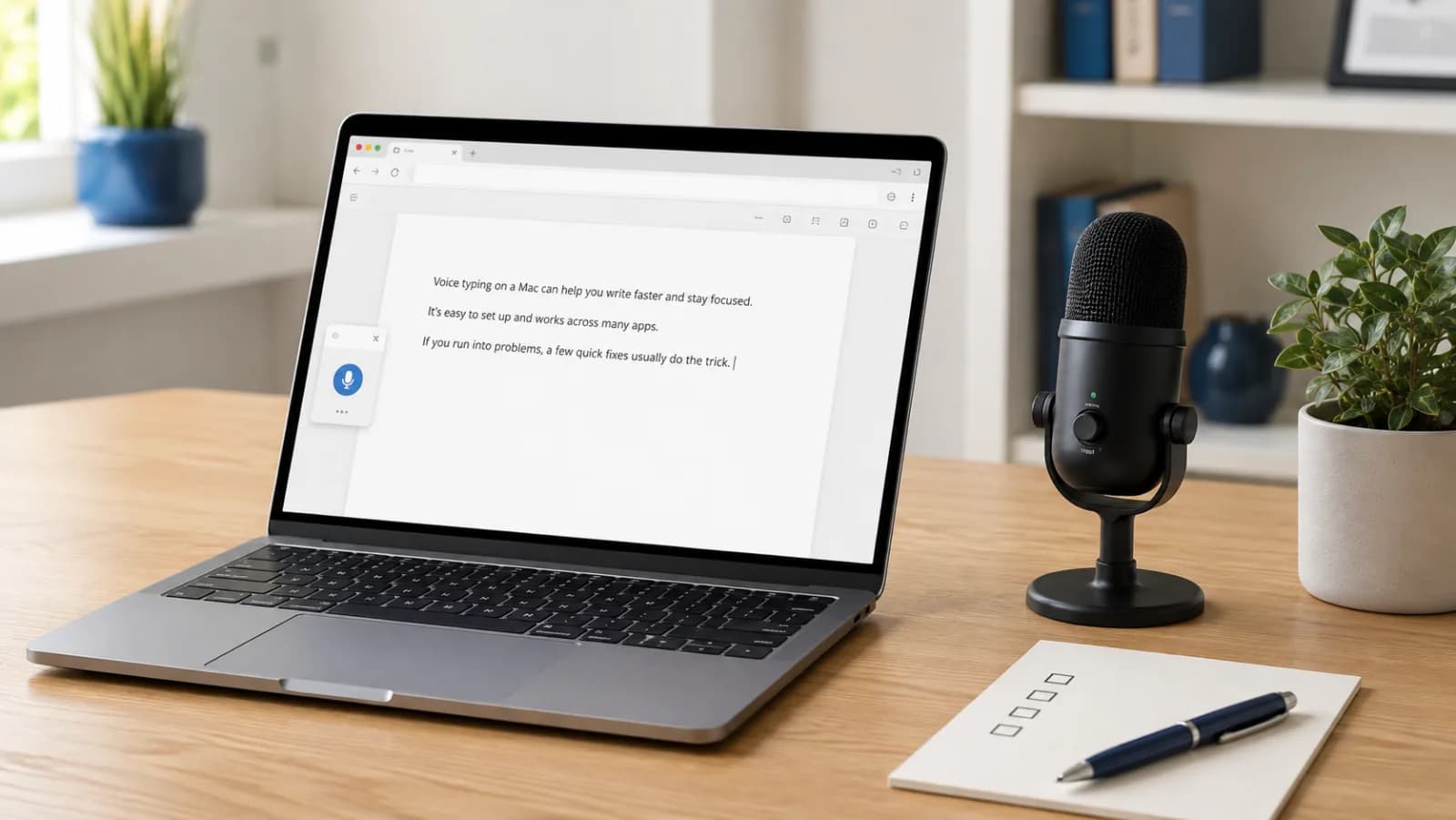 Laptop showing a voice-typing document beside a desktop microphone.