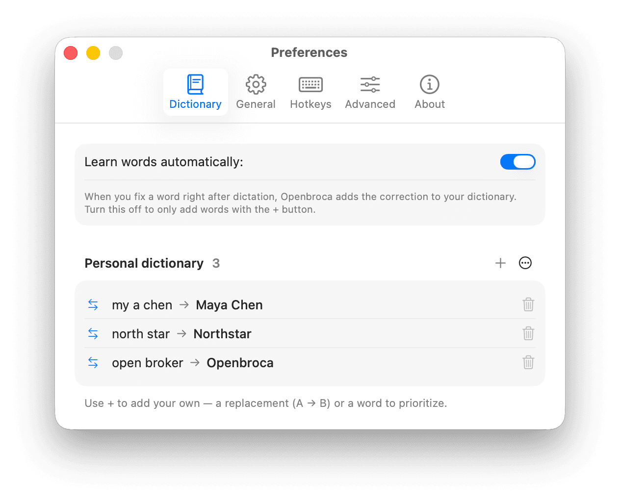 Openbroca Preferences — Dictionary tab, showing Learn words automatically and a personal dictionary of spoken-phrase replacements like “open broker” to “Openbroca”.