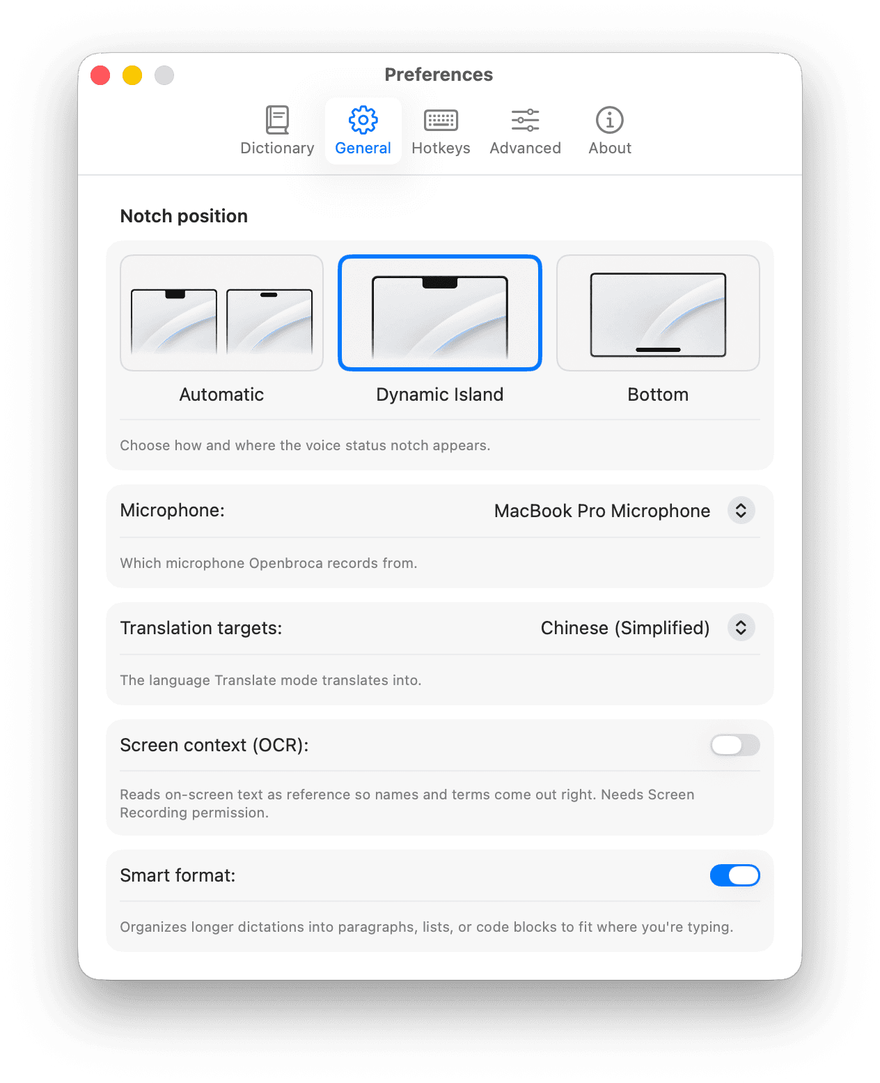 Openbroca Preferences — General tab, showing notch position, microphone, translation target, Screen Context (OCR), and Smart Format.