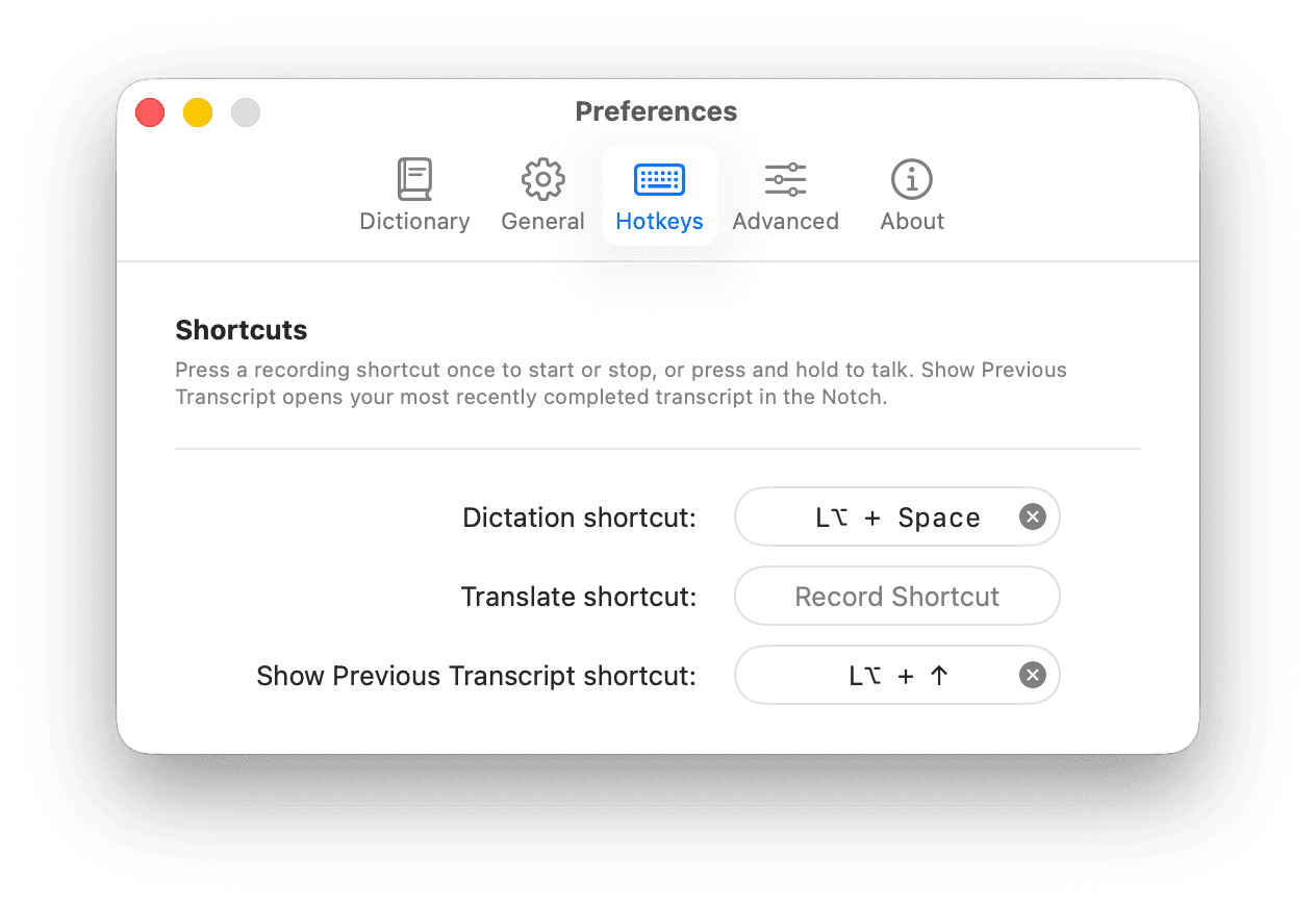 Openbroca Preferences — Hotkeys tab, showing the dictation shortcut and the show-previous-transcript shortcut.